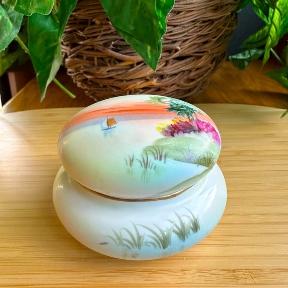 Antique NIPPON Porcelain Lidded Round Trinket Box Landscape Scene Sailboat Trees - Picture 2 of 9